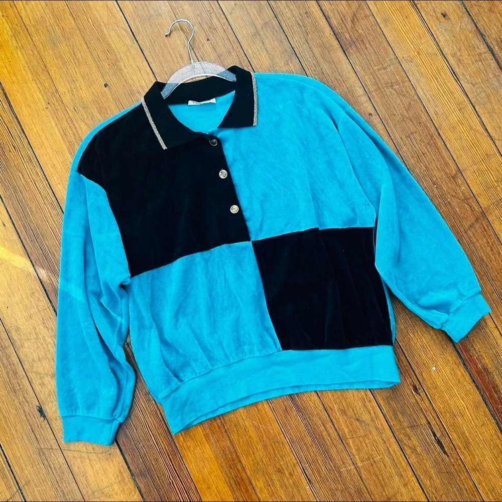 80s Vintage Colorblock Glitter Collar Teal Black Velour Sweater Top